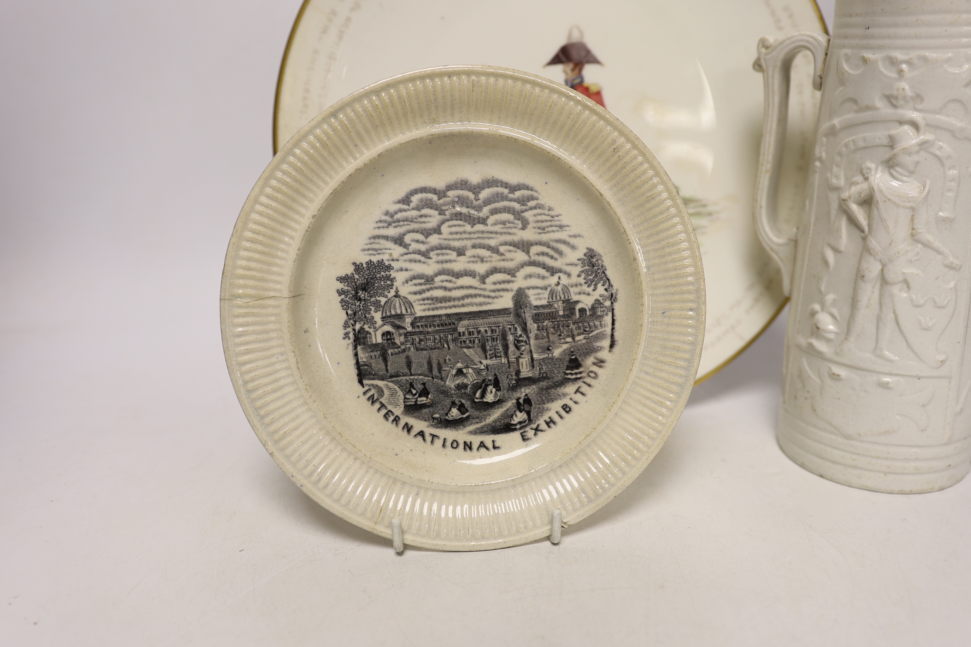 International Exhibition souvenir nursery plate 1862, a Royal Engineers plate and a jug, 20cm